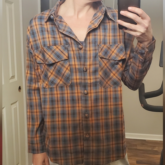 Daisy Street Oversized Orange & Blue Plaid Shirt with Chest Pockets - Picture 2 of 6